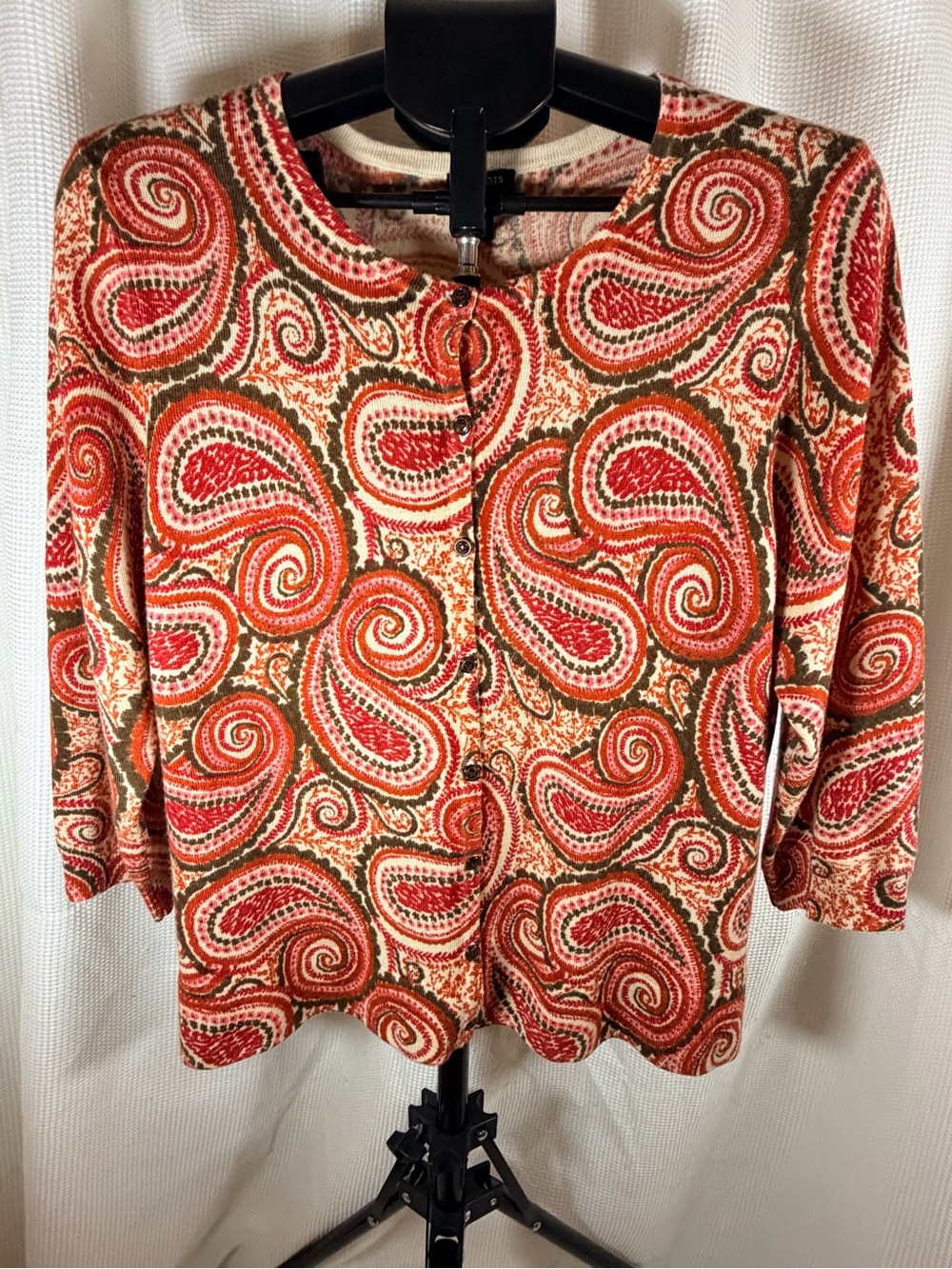 Talbot hundred percent pure Merino wool Paisley cardigan sweater red orange